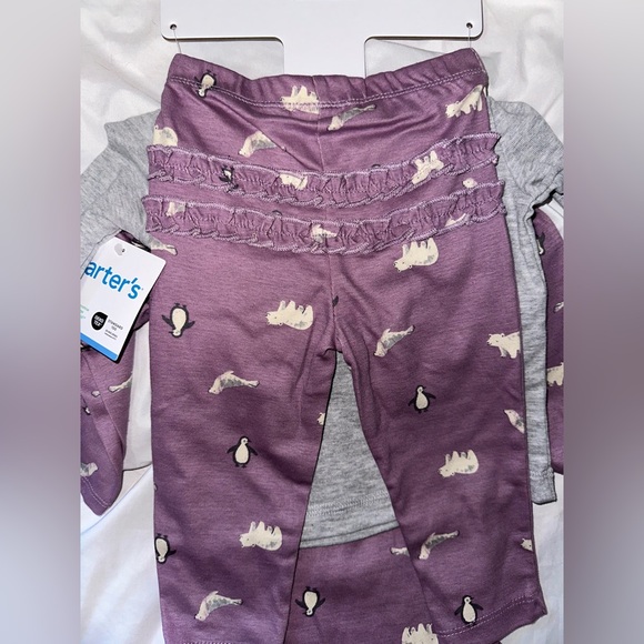 Carter's 3-Piece Long Sleeve Bodysuit Pant Set Girl Size 9 Month Purple Penguin - Picture 4 of 6
